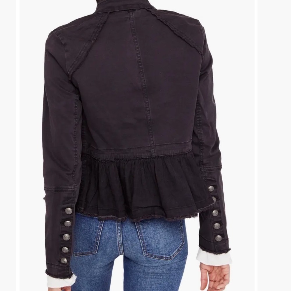 Free People Ruffle Hem Military Jacket Washed Black Grey Double Breasted Large - Picture 2 of 5